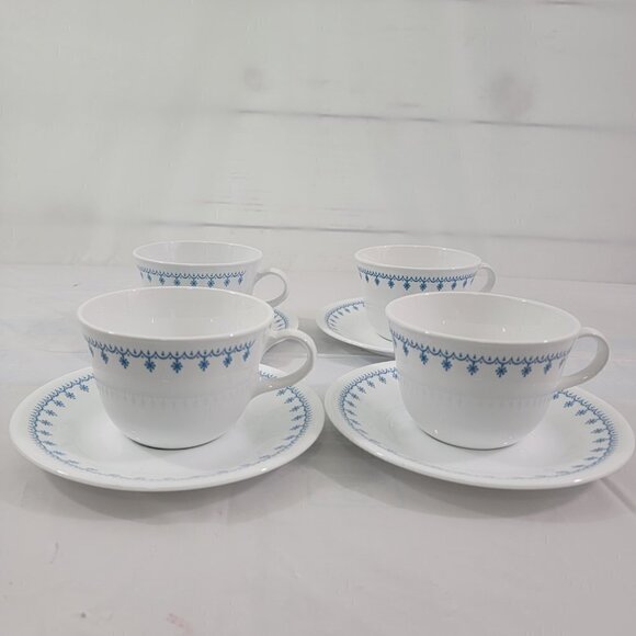 Vintage 1970’s Corelle Livingware Blue Ring Handle Snowflake Cup & Saucer Sets - Picture 13 of 16